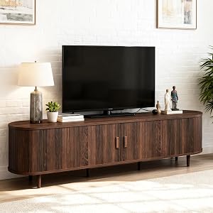 OneBlis 70" Mid Century Modern TV Stand, Wood TV Consoles with Sliding Doors and Powe