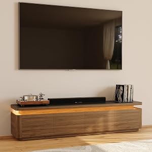 POVISON Fully Assembled 71" Mid-Century Modern TV Stand with LED Lights, Black Matte