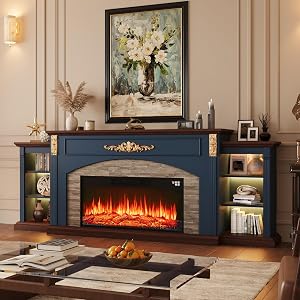 90inch Fireplace TV Stand, Fireplace with Mantel Holds TVs up to 100 Inch, Blue TV Stand w
