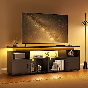 SUNCOZE 70" LED TV Stand for 65-80" TVs with Power Outlets & Storage, Black 