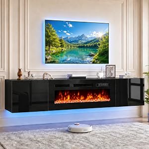 OneBlis 70'' Floating TV Stand with 36" Electric Fireplace, Wall Mounted Entertainmen