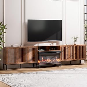 BVIUNTWO 3-Sided Glass Farmhouse Fireplace TV Stand for TVs Up to 110 Inch, Entertainment