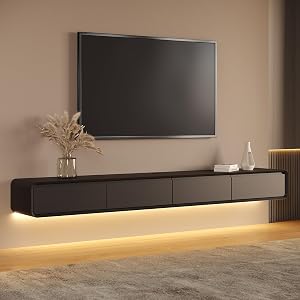 POVISON Fully-Assembled Minimalist Floating TV Stand with LED Lights, Modern Wall-Mounted 