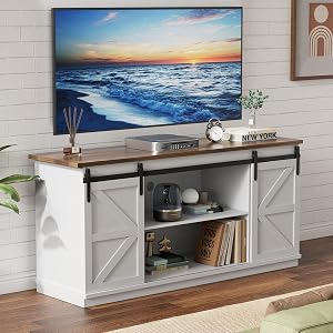 YESHOMY Farmhouse TV Stand for Televisions up to 65 Inches, Sliding Barn Doors and Storage