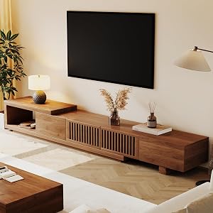 Upwivkre 78.54–103” Mid-Century Modern Walnut TV Stand, Extendable Media Console with Slat
