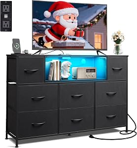 WLIVE Black Dresser TV Stand for 45, 50, 55 inch TV, Entertainment Center with LED Lights