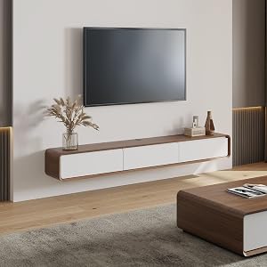 POVISON Fully Assembled Floating TV Stand with Flip-Down Cabinet Doors, 63" Walnut an