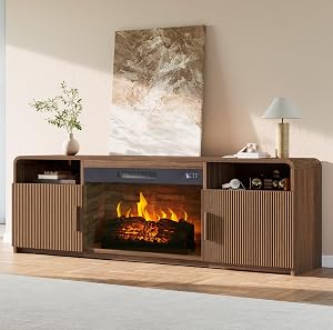 AMERLIFE 70" Fluted Fireplace TV Stand for TVs Up to 80", Modern TV Console with